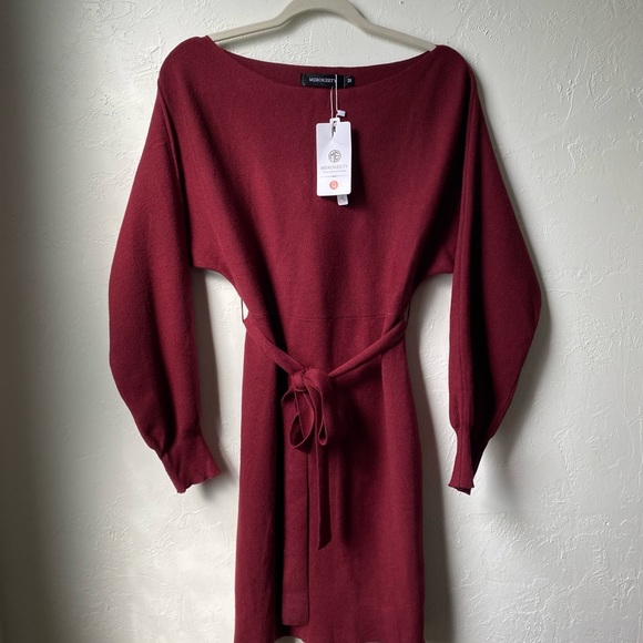 🎄NWT MEROKEETY Off Shoulder Ribbed Knit Sweater Dress Wine Red Fall Mini Dress M - Picture 3 of 8